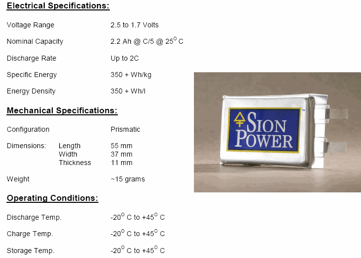 sion power battery specifications